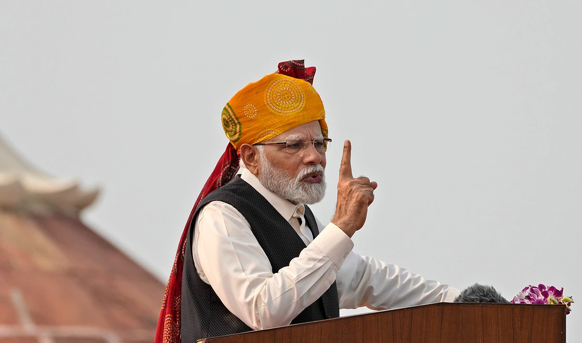 Indian Prime Minister Narendra Modi speaks at 17th century Mughal-era Red Fort monument on country's Independence Day in New Delhi, India, Tuesday, Aug.15, 2023. (AP)