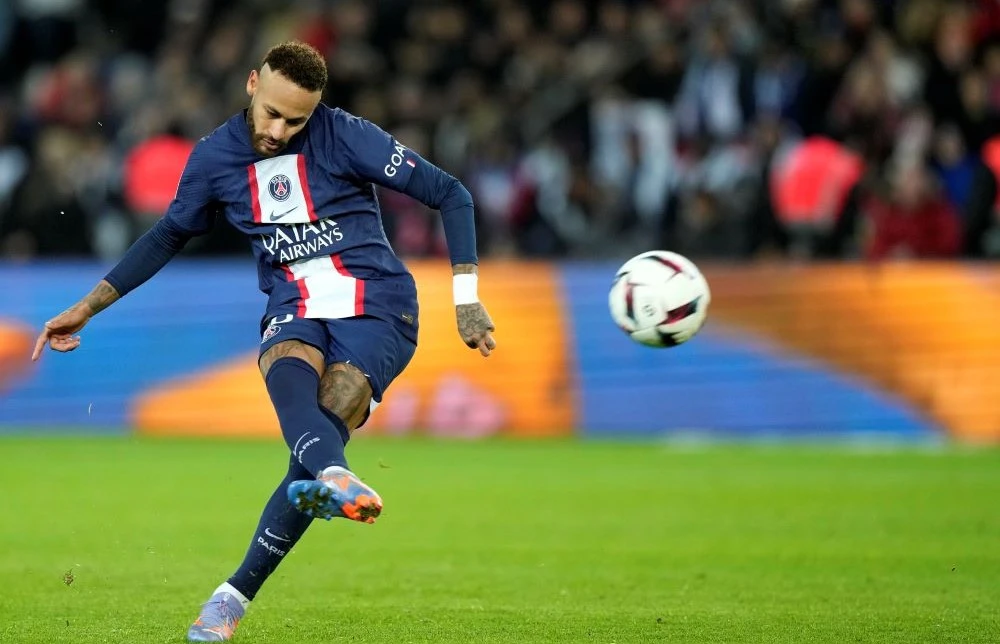 PSG’s Neymar takes a shot during the French League One match between Paris Saint-Germain and Angers at the Parc des Princes in Paris, France, Jan. 11, 2023. (AP Photo)