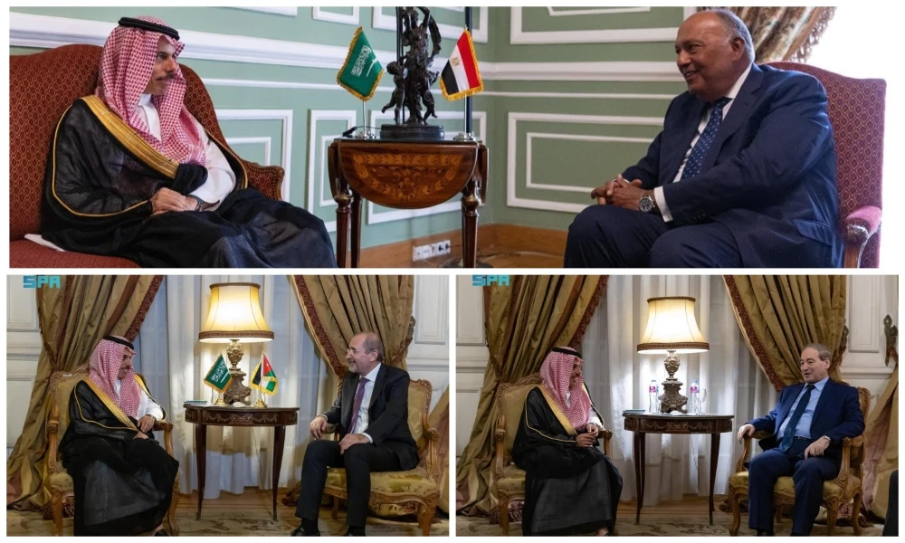 Saudi Arabia’s Foreign Minister Prince Faisal bin Farhan meets with his Egyptian, Jordanian, and Syrian counterparts in Cairo on Tuesday. (SPA)