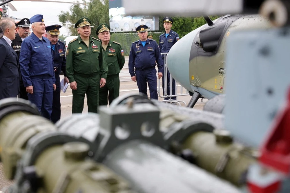 Russia's Defence Minister Sergei Shoigu tours an exhibition at the international military-technical forum Army-2023 at Patriot Congress and Exhibition Centre in the Moscow region, Russia. (Reuters)