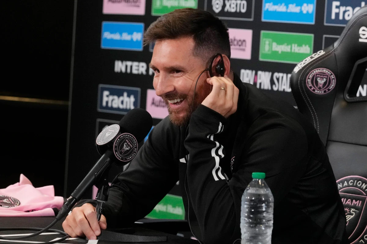 Inter Miami's Lionel Messi smiles at a question during a soccer news conference, Thursday in Fort Lauderdale, Florida. (AP)