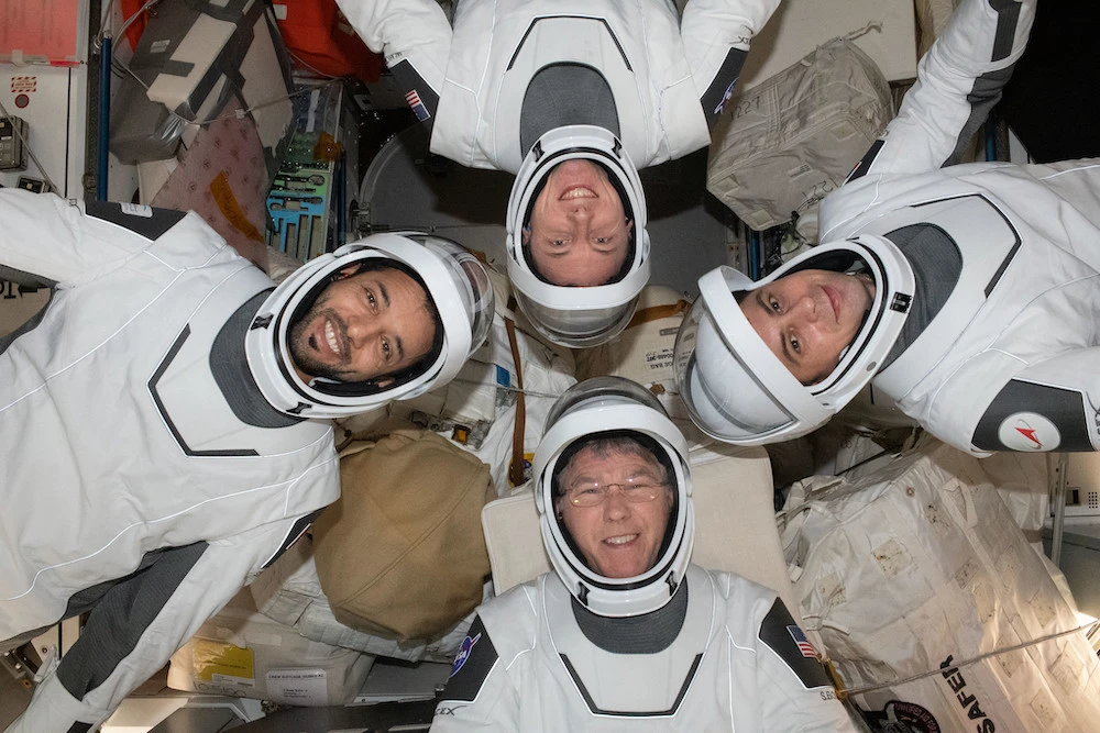 Sultan Al-Neyadi, left, with NASA astronauts Stephen Bowen, top, Woody Hoburg, bottom, and Roscosmos cosmonaut Andrey Fedyaev, were part of NASA’s SpaceX Crew-6 that lifted off on March 2, 2023. (Twitter: NASA)