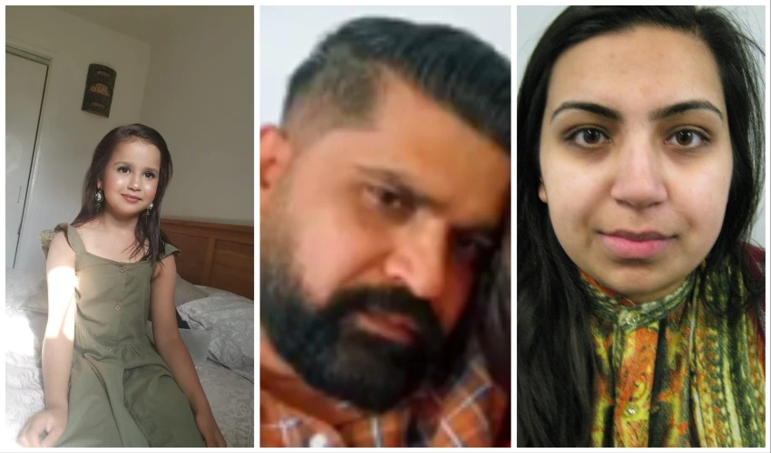 Sara Sharif, pictured left, was found dead at her father Malik Urfan Sharif’s (C) house and now police are searching for him, and stepmother, right. (Surrey Police)