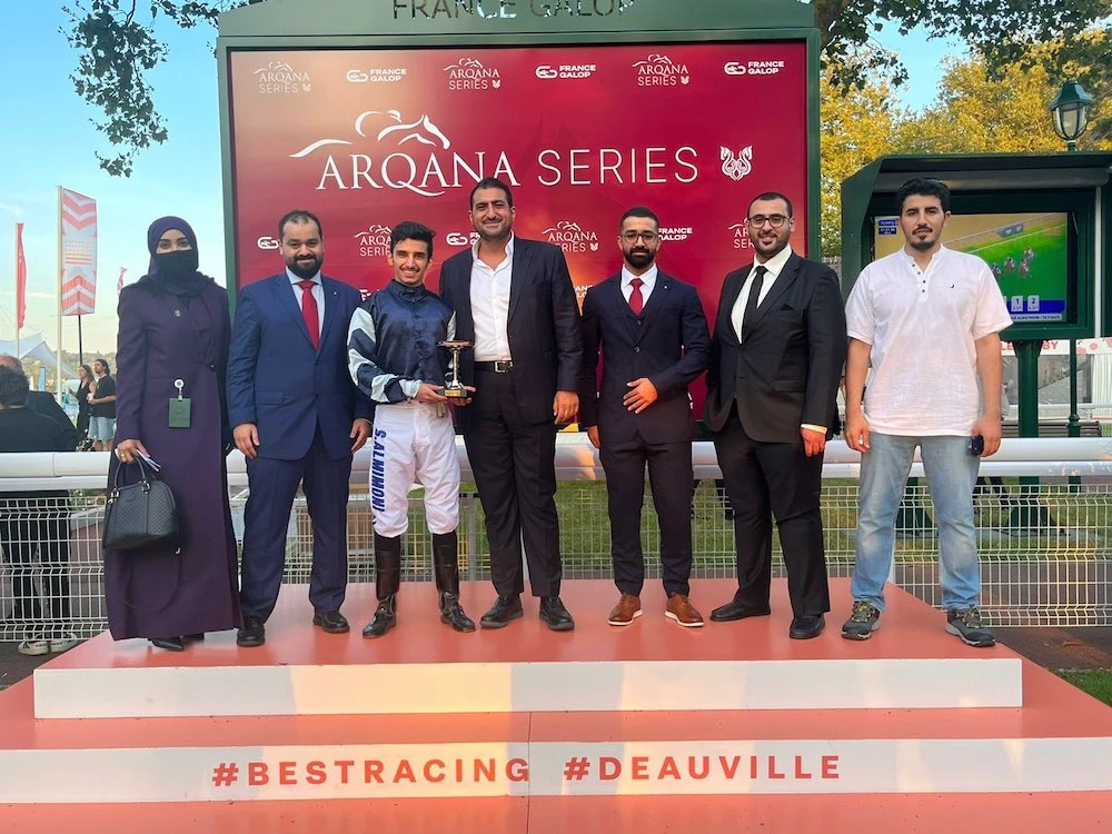 Saudi jockey Sultan Almaymuni celebrates a win on his European bow in Deauville. (JCSA)