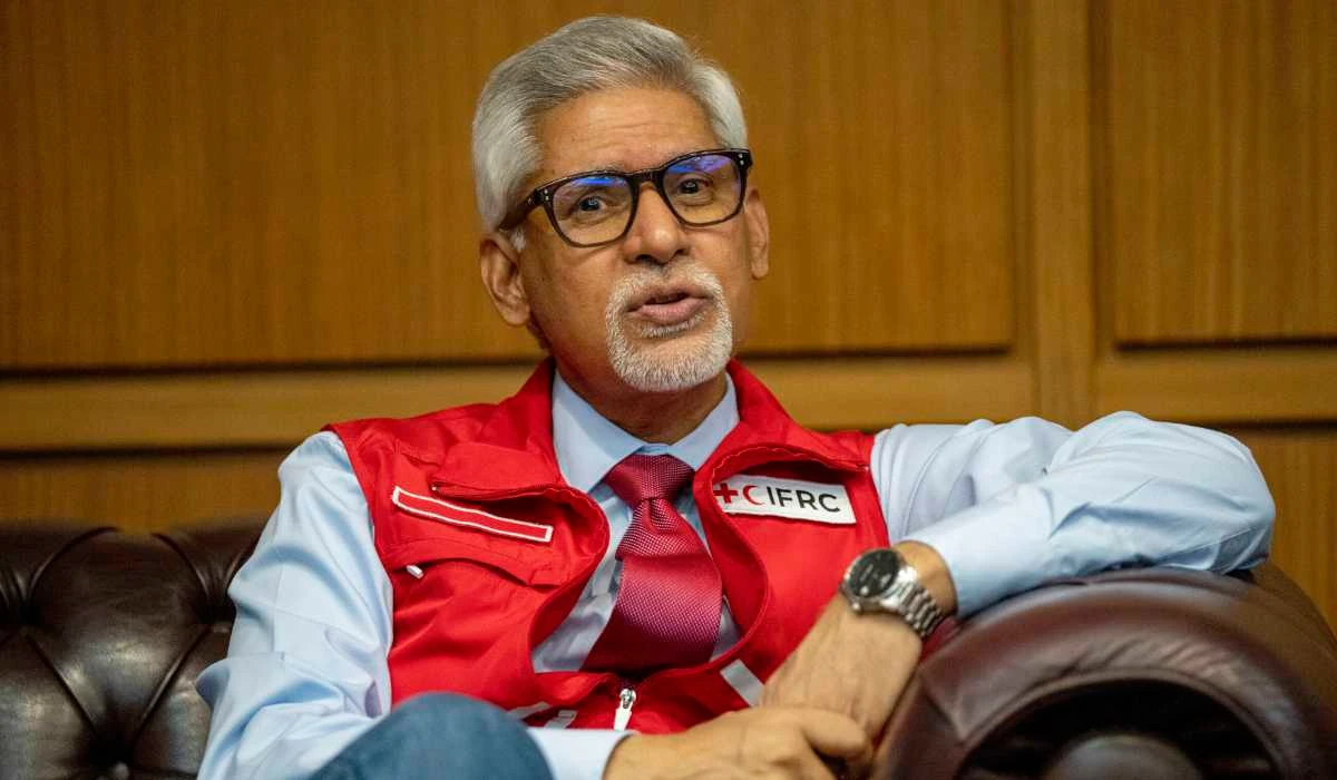 Jagan Chapagain, Secretary-General of the International Federation of Red Cross and Red Crescent Societies (IFRC) speaks during an interview with The Associated Press in Beirut, Lebanon, Thursday, Feb. 16, 2023. (AP)