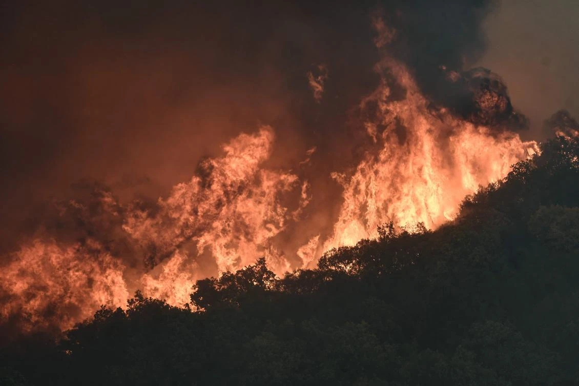 Wildfire rages in a forest in Sikorahi, near Alexandroupoli, northern Greece, on August 23, 2023. (AFP)