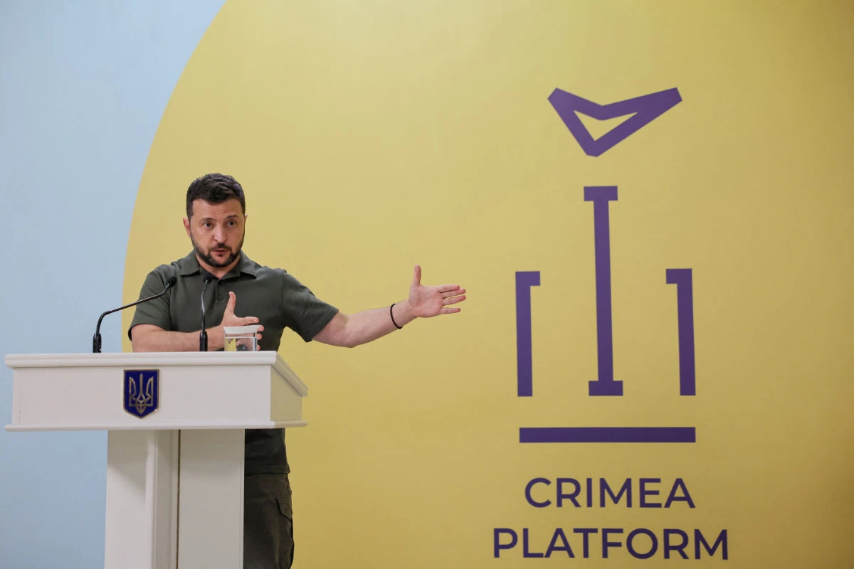 Ukrainian President Volodymyr Zelensky speaks at the press conference after the opening session of Crimea Platform conference in Kyiv, Ukraine, on August 23, 2023. The Crimea Platform is an international consultation and coordination format initiated by Ukraine. (Pool via Reuters)