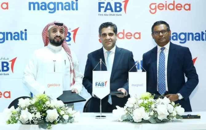 Abdullah Alshowier, chief business officer at Geidea; Sanjay Sethi, head of global transaction banking at FAB; and Ramana Kumar, CEO of Magnati; at the signing ceremony.