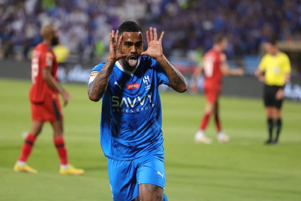 Malcom celebrates after scoring against Al-Ettifaq at Prince Faisal Bin Fahd Stadium in Riyadh. (AFP)