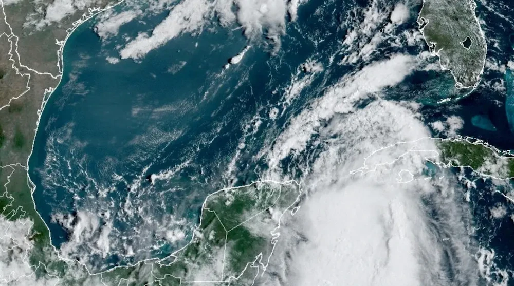 Tropical Storm Idalia makes its way to Cuba and Florida's west coast in a composite image from the National Oceanic and Atmospheric Administration (NOAA) GOES-East weather satellite August 28, 2023. (Reuters)