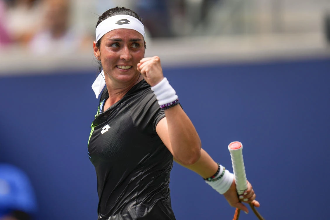 Ons Jabeur, of Tunisia, reacts after defeating Camila Osorio, of Colombia, during the first round of the US Open, Tuesday, Aug. 29, 2023, in New York. (AP)