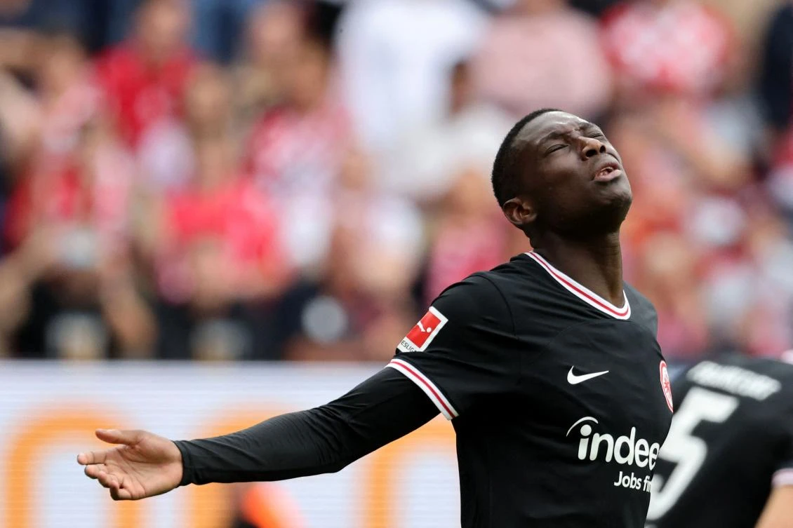 Frankfurt’s French forward Randal Kolo Muani reacts during the German first division Bundesliga match against 1 FSV Mainz 05 in Mainz on Aug. 27, 2023. (AFP)