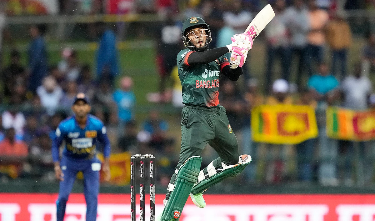 Bangladeshes' Mushfiqur Rahim plays a shot during the one day international cricket match between Sri Lanka and Bangladesh of Asia Cup in Pallekele on August 31, 2023. (AP)
