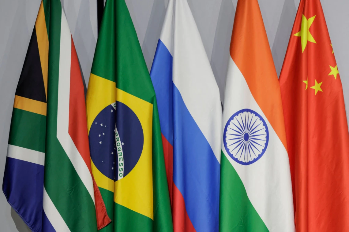 A general view of flags of (From L to R) South Africa, Brazil, Russia, India and China during the 2023 BRICS Summit. (AFP)