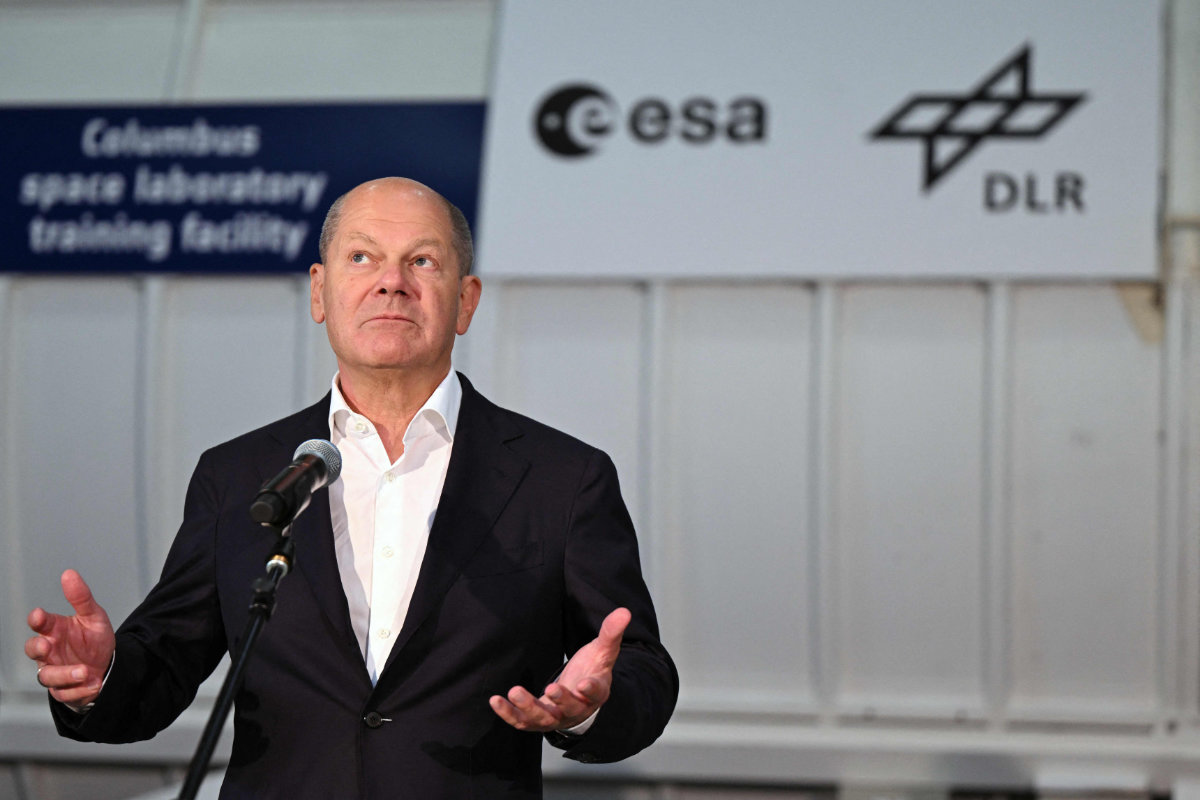 German Chancellor Olaf Scholz gives a final press statement at the end of a visit to ESA's European Astronaut Centre in Cologne, Germany, on September 1, 2023. (AFP)
