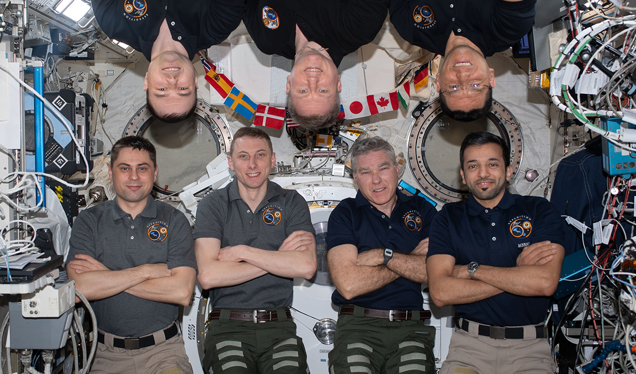 The photo posted by Emirati astronaut Sultan AlNeyadi on September 1, 2023, shows AlNeyadi (right) with his fellow crewmates on board the International Space Station (ISS). (Photo courtesy: @Astro_Alneyadi/Twitter)