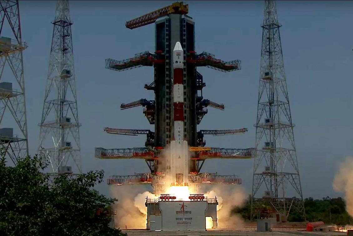 This handout screen grab taken and received from the live feed of Indian Space Research Organisation (ISRO) website on September 2, 2023, shows the Aditya-L1 spacecraft take off from Sriharikota, on a voyage to the center of the Sun. (AFP)