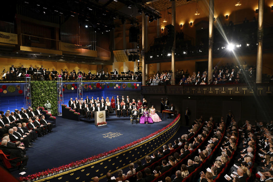 The Nobel laureates and the royal family of Sweden during the Nobel Prize award ceremony at the Concert Hall in Stockholm on Dec. 10, 2022. (AP/File)