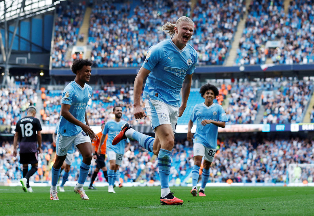 Manchester City’s Erling Braut Haaland celebrates scoring their fifth goal and his hat-trick during their Premier League match against Fulham at Etihad Stadium on Sept. 2, 2023 (Reuters)