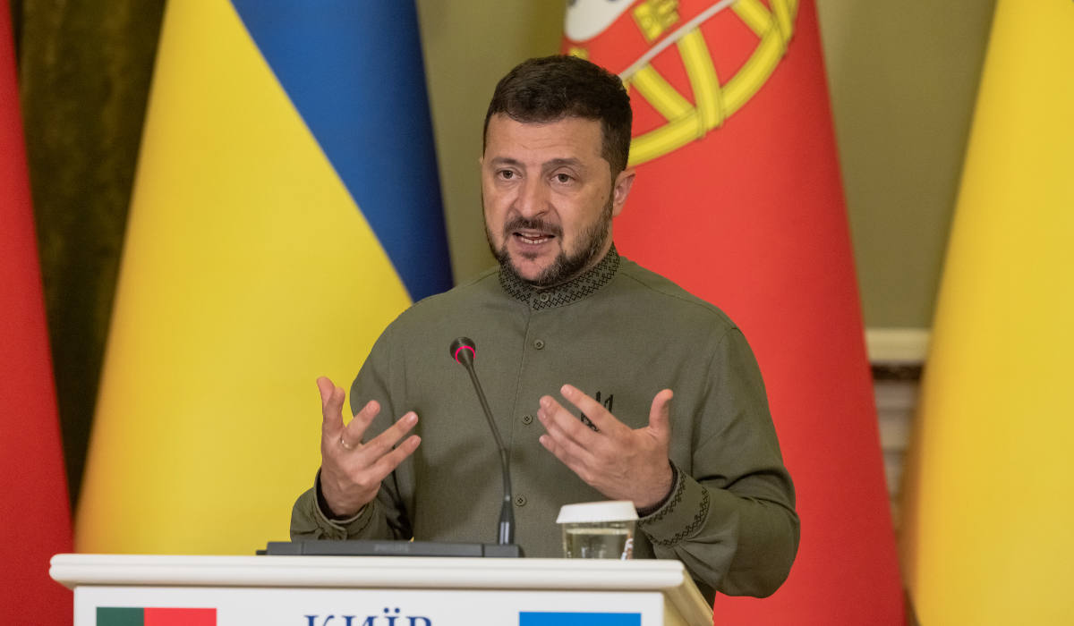 Ukrainian President Volodymyr Zelensky gestures as he speaks during his joint press briefing with Portugal's President in Kyiv on August 24, 2023, amid the Russian invasion of Ukraine. (AFP)