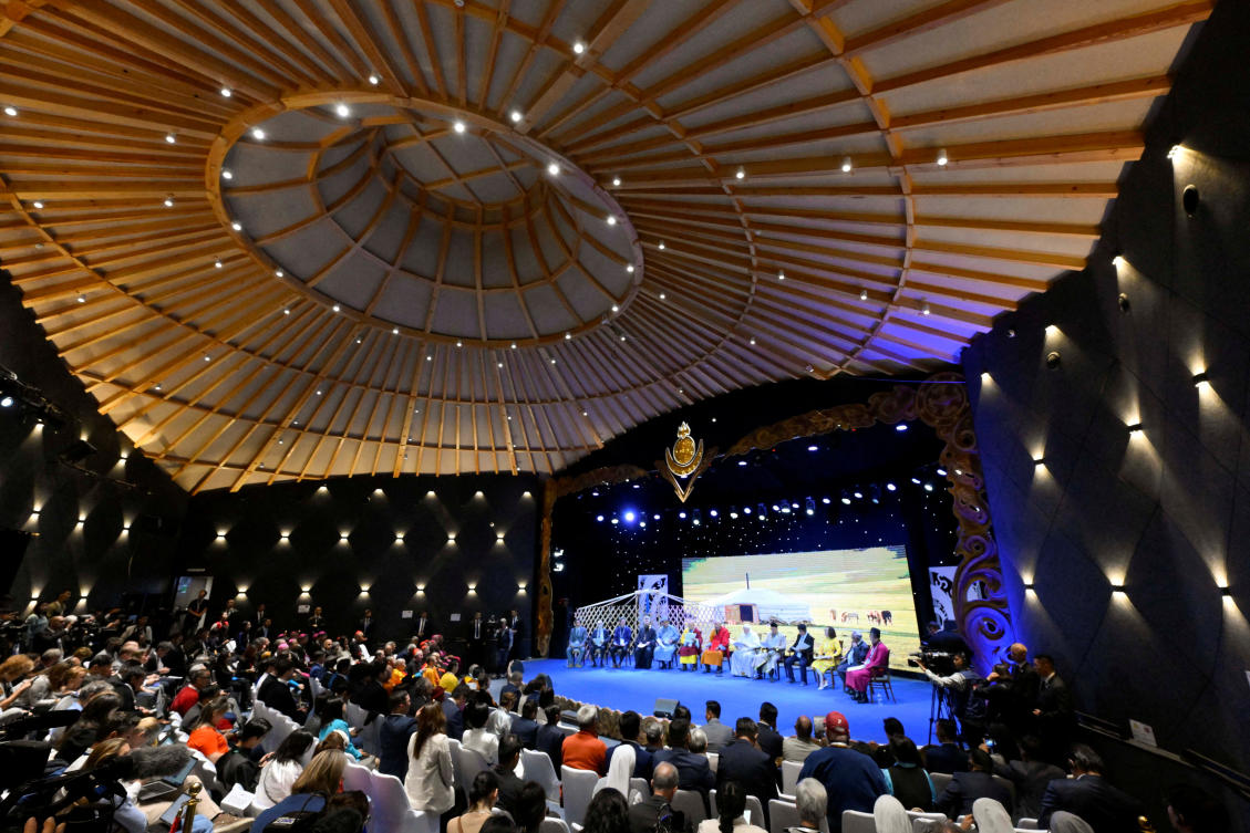 Pope Francis spoke at an inter-religious meeting in the Mongolian capital, above, the type of gathering that the pontiff’s conservative critics have assailed in the past. (Vatican Media via Reuters)
