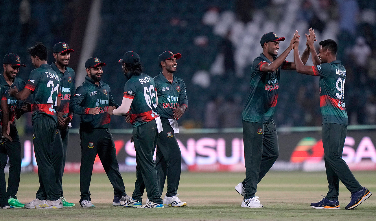 Bangladesh's players celebrate after winning the Asia Cup cricket match against Afghanistan in Lahore, Pakistan, Sunday, Sept. 3, 2023. (AP)