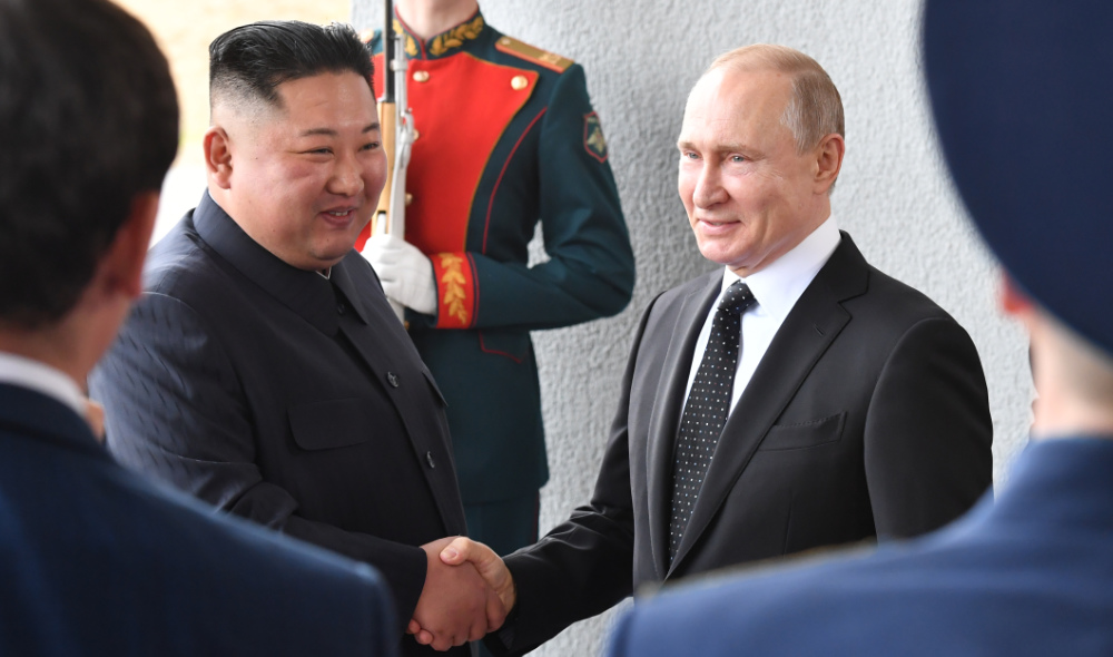 Russian President Vladimir Putin welcoming North Korean leader Kim Jong Un to Vladivostok in 2019. (AFP)