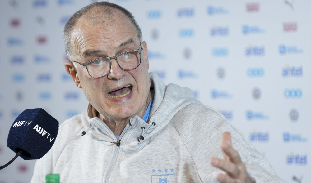 Uruguay national soccer team coach Marcelo Bielsa during a press conference in Montevideo, Uruguay, Saturda. Uruguay will face Chile in a qualifying soccer match for the FIFA World Cup 2026 on Friday. (AP)