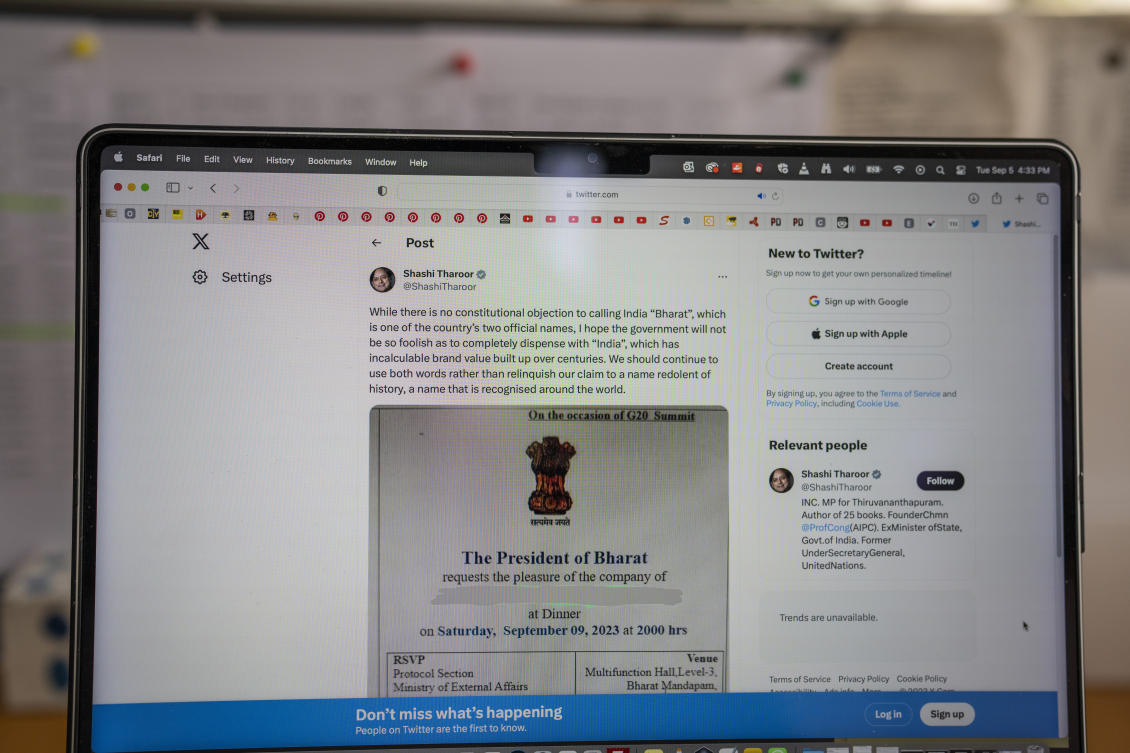 The Twitter page of India's opposition Congress party leader Shashi Tharoor shows an invitation from the President of India reading as President of Bharat (AP)