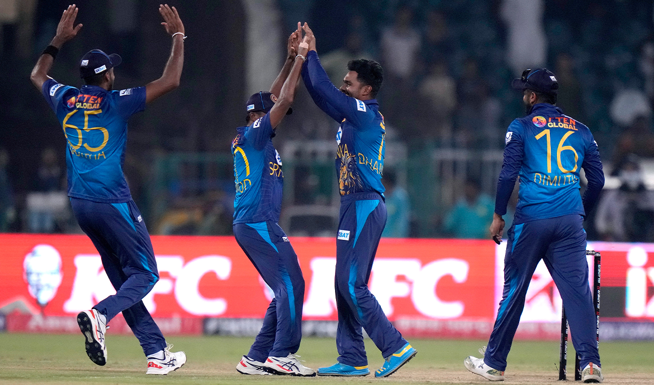 Sri Lankan players celebrate after winning the match on the end of the Asia Cup cricket match between Afghanistan and Sri Lanka in Lahore, Pakistan, on September 5, 2023. (Photo courtesy: AP)