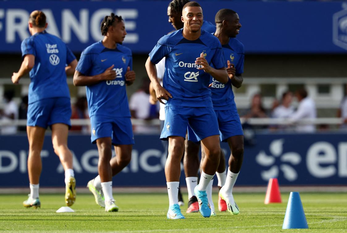 France’s forward Kylian Mbappe takes part in a training session as part of the team’s preparation for upcoming UEFA Euro 2024 tournament qualifying matches in Clairefontaine-en-Yvelines on September 5, 2023. (AFP)