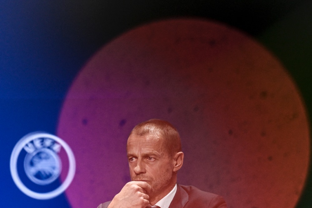 Re-elected UEFA’s president Aleksander Ceferin attends a press conference after the 47th UEFA Congress held in Lisbon on April 5, 2023. (AFP)