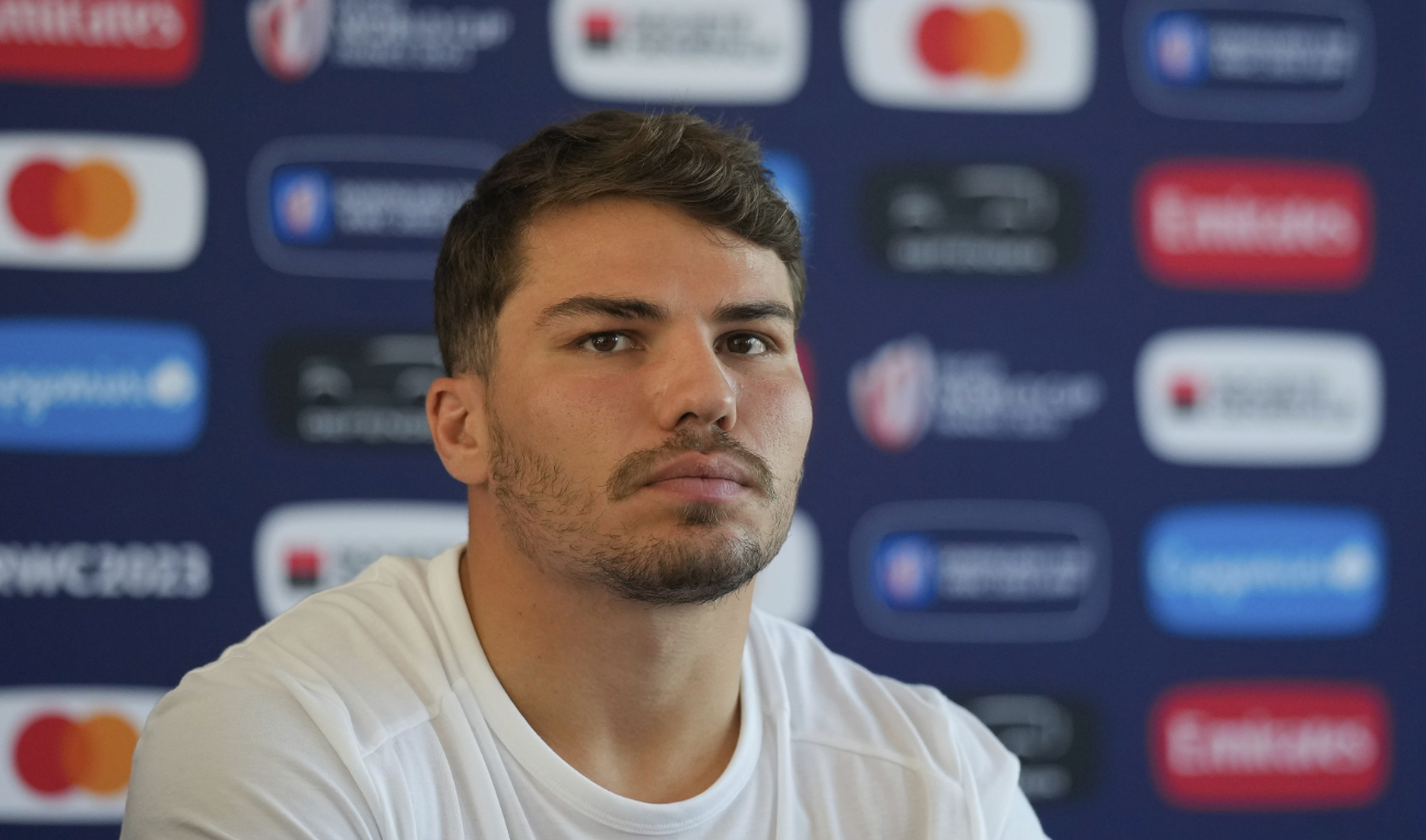 France's Antoine Dupont attends a press conference to announce the French Rugby World Cup squad in Reuil-Malmaison, outside Paris Wednesday ahead of the France 2023 Rugby World Cup. (AP)