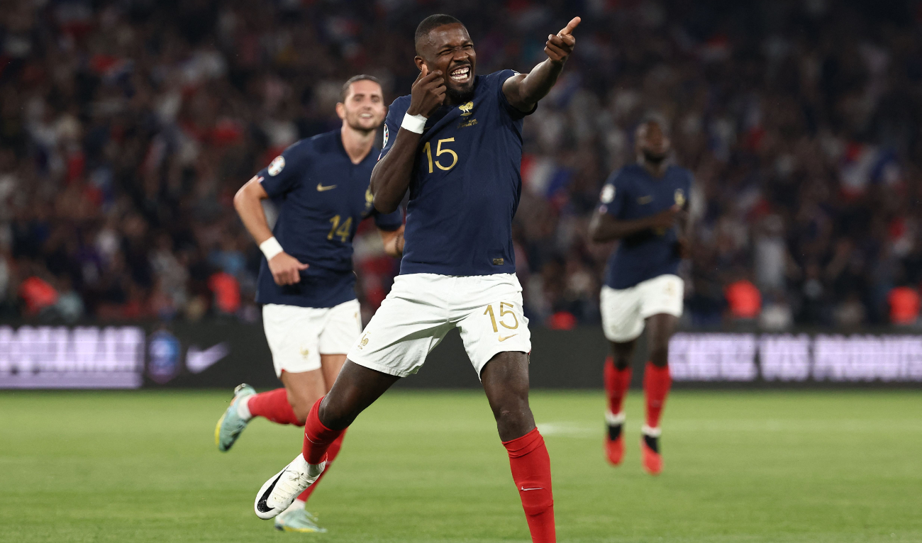 France’s forward Marcus Thuram celebrates scoring his team’s second goal during the UEFA Euro 2024 football tournament Group B qualifying match against Republic of Ireland, at the Parc des Princes stadium in Paris, on Thursday. (AFP)