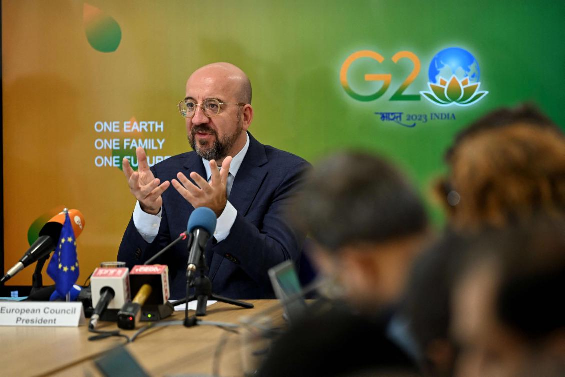 European Council President Charles Michel speaks during a press conference in New Delhi on September 8, 2023, on the eve of G20 India summit. (Photo by Sajjad HUSSAIN / AFP)