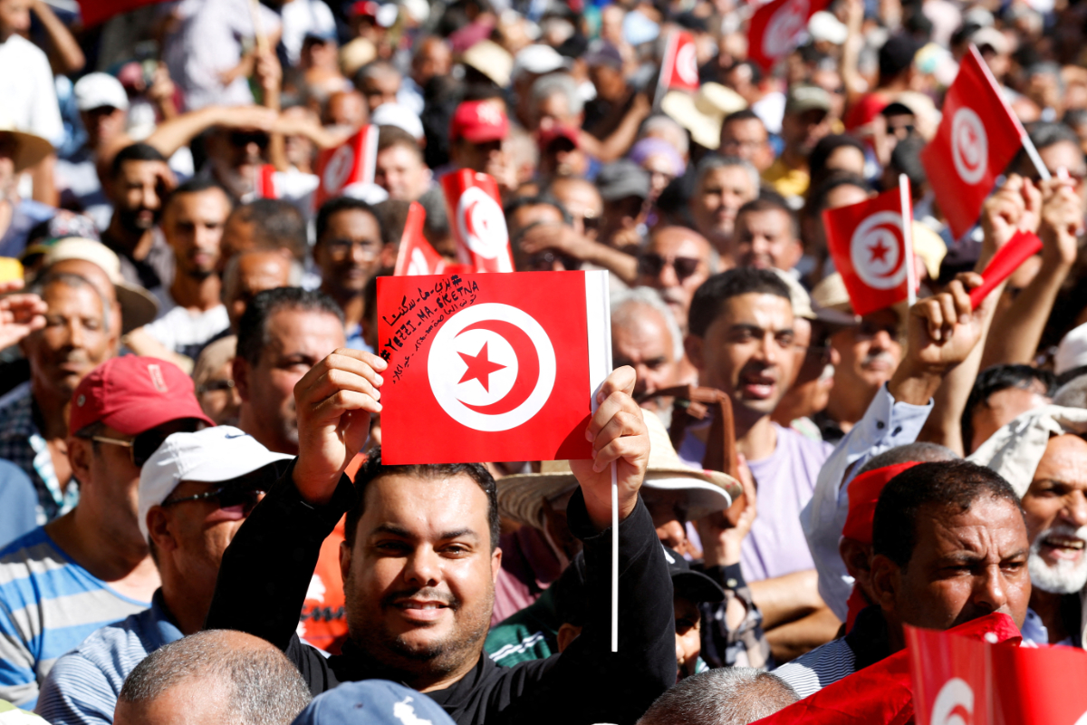 Supporters of Tunisia's Islamist opposition party Ennahda attend a protest against Tunisian President Kais Saied, in Tunis, Tunisia October 15, 2022. (REUTERS)