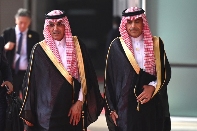 Saudi Arabia's Finance Minister Mohammed Al Jadaan, left, and Saudi Central Bank Gov. Ayman Al-Sayari earlier attended the G20 Finance Ministers, Central Bank Governors and Finance & Central Bank Deputies meetings. AFP/File