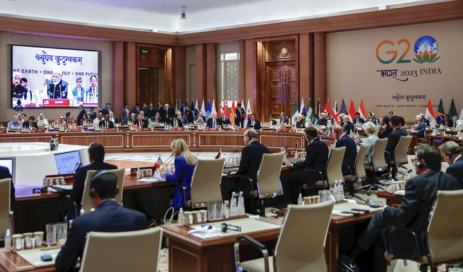 Leaders of the G20 nations attend the second working session of the G20 Leaders’ Summit at Bharat Mandapam in New Delhi on September 9, 2023. (AFP)