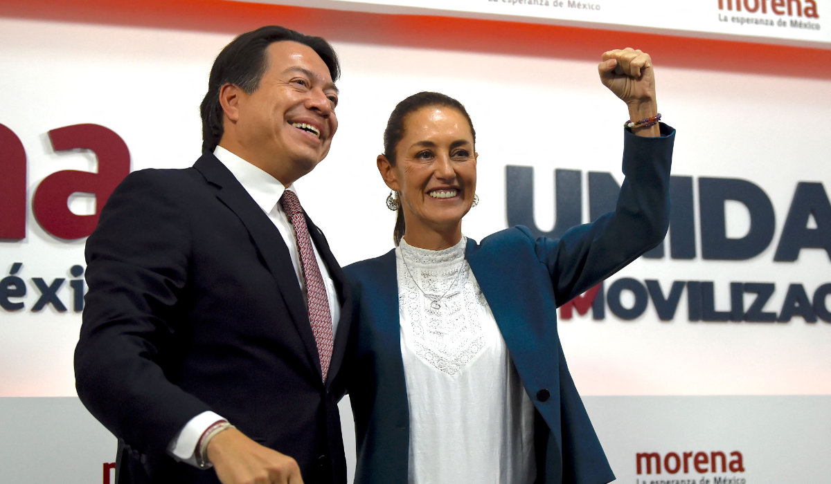 President of the Morena party Mario Delgado and their presidential candidate Claudia Sheinbaum seen post press conference in Mexico City on Thursday. (AFP)