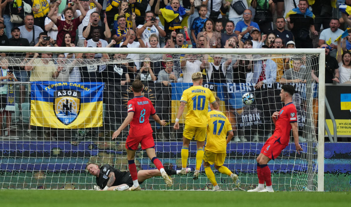 Ukraine’s Oleksandr Zinchenko scores their first goal past England’s Jordan Pickford during their Euro 2024 Qualifier — Group C – match against England at Tarczynski Arena, Wroclaw, Poland on September 9, 2023. (Reuters)