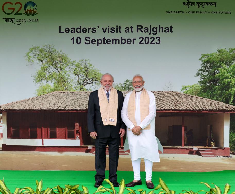 Brazil’s President Luiz Inacio Lula da Silva, left, with India’s Prime Minister Narendra Modi at the Mahatma Gandhi memorial at Raj Ghat on the sidelines of the G20 summit in New Delhi on Sept. 10, 2023. (PIB/AFP)