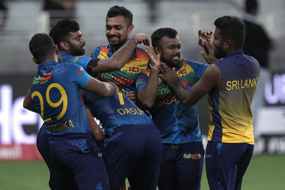 Sri Lankan players celebrate after their win in the T20 cricket match of Asia Cup against India, in Dubai, on September 6, 2022. (AP/File)