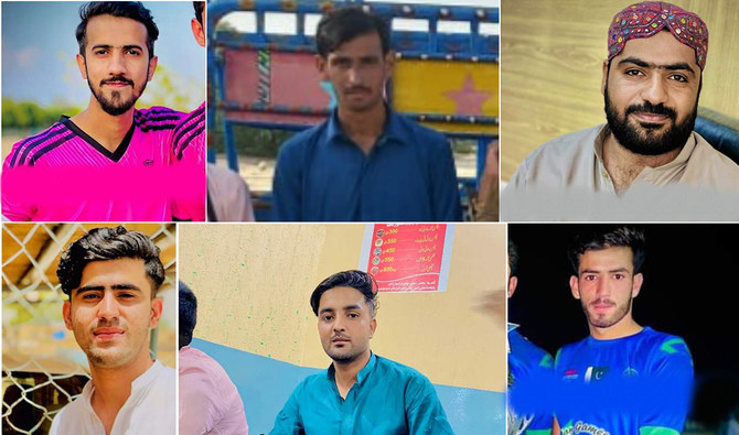 The undated photo collage shows the six local footballers who were kidnapped from Sui Tehsil area in Balochistan, Pakistan, on September 9, 2023. (Ameer Baksh)