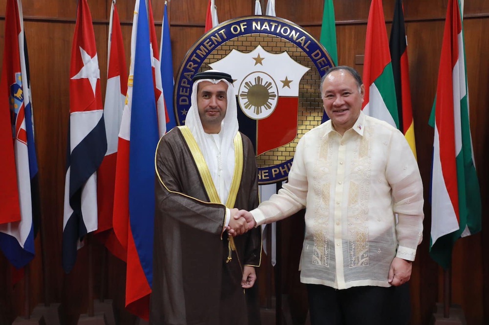UAE Ambassador to the Philippines Mohamed Obaid Al-Qattam Al-Zaabi, left, with Philippine Defense Secretary Gilberto Teodoro Jr. on Sept. 5, 2023 after their meeting in Manila. (UAE Embassy in Manila)