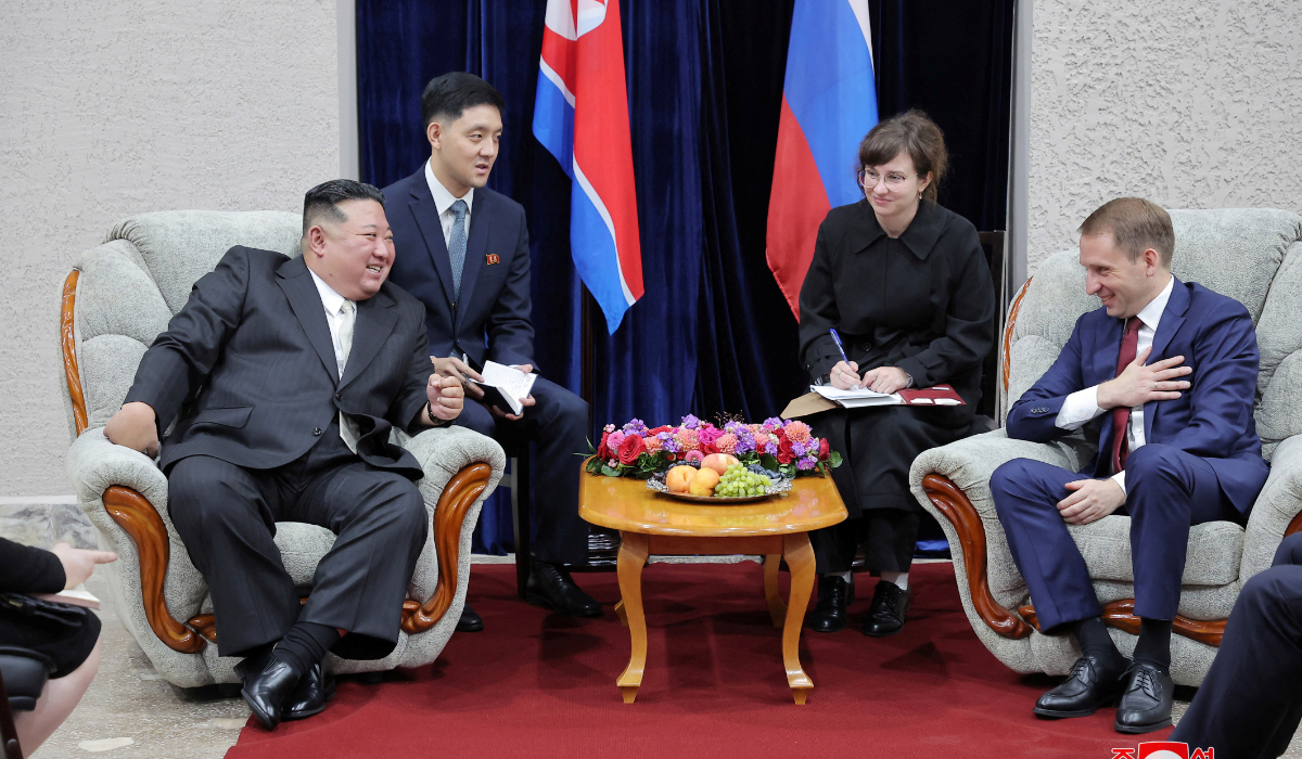 North Korean leader Kim Jong Un meets with Russian Natural Resources Minister Alexander Kozlov upon arrival in Khasan, Russia, September 12, 2023, in this image released by North Korea's Korean Central News Agency on September 13, 2023. (REUTERS)