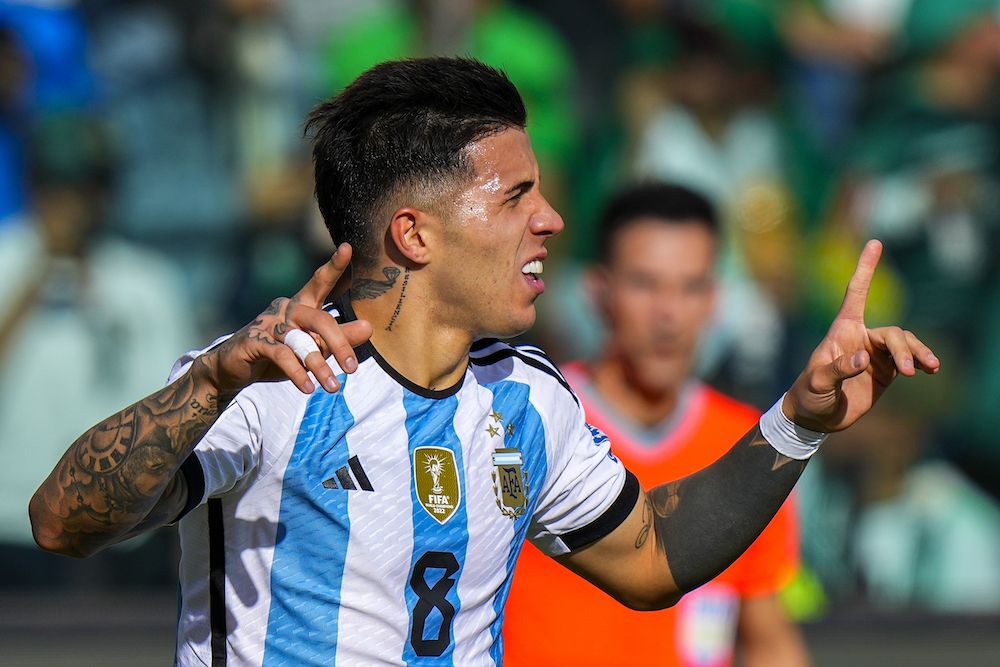 Argentina’s Enzo Fernandez celebrates scoring his side first goal against Bolivia during a qualifying match for the FIFA World Cup 2026 at the Hernando Siles stadium in La Paz, Bolivia, on Tuesday. (AP)