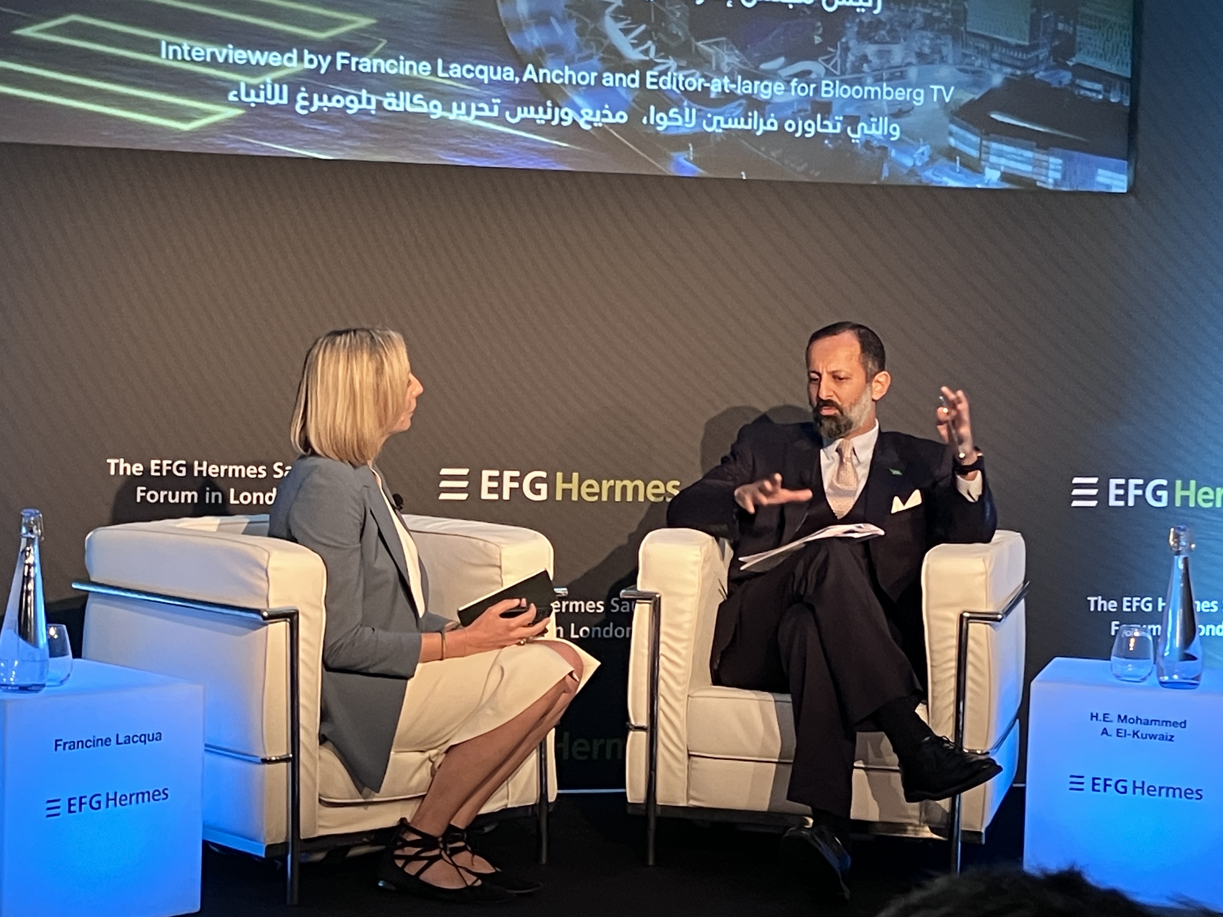 Mohammed El-Kuwaiz speaking at the EFG Hermes Saudi Forum in London. (AN)