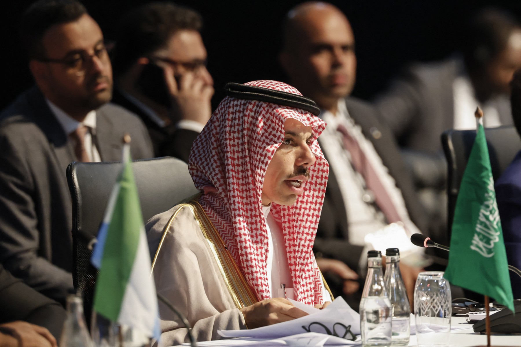 Saudi Arabia's Foreign Minister Faisal bin Farhan Al Saud attends a meeting during the 2023 BRICS Summit at the Sandton Convention Centre in Johannesburg on August 24, 2023. (AFP)