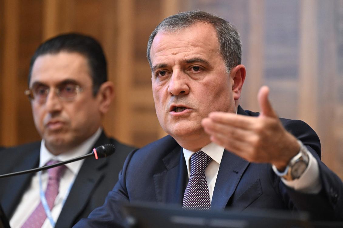 Azerbaijani Foreign Affairs Minister Jeyhun Bayramov holds a press conference with members of press correspondents to the United Nations in Geneva on Sept, 13, 2023. (AFP)