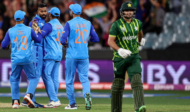 India's Hardik Pandya (2nd L) celebrates the wicket of Pakistan's Haider Ali (R) during the ICC men's Twenty20 World Cup 2022 cricket match between India and Pakistan at Melbourne Cricket Ground (MCG) in Melbourne on October 23, 2022. (AFP/File)